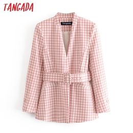Tangada women vintage pink print blazer female with belt long sleeve elegant jacket ladies work wear blazer formal suits 3H607 201201