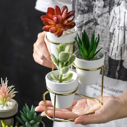 Mini 3 in 1 Pottery Planters Modern Small Flower Pots with Gold Black Metal Stands Decorative Tabletop Ornaments Home Decoration Y200709