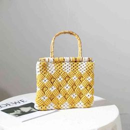 Shoulder Bag Fashion Designer Hand-woven Cotton Rope Diamond Shaped Handbag Casual Portable Bamboo Handle Handbag Shopping Bag
