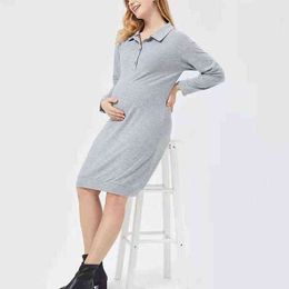 Women Pregnancy Dress Round-neck Solid Colour Long Sleeve Breast-Feeding Pregnant Nursing Maternity Dresses Robe Maternity Dress G220309