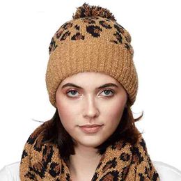Women Winter Warm Knitted Cuffed Beanie Hat Vintage Leopard Jacquard Cute Big Pompom Casual Outdoor Snow Ski Stretch Skull Cap