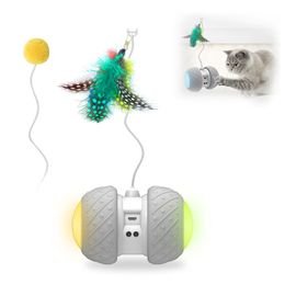 Pet Automatic Teaser with LED Wheels Rechargeable Flash Rolling Colourful Sticker Feather Toy Electronic Cat Toys LJ201125