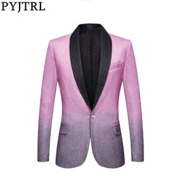 PYJTRL Mens Wedding Groom Stylish Shalw Lapel Gradient Colour Shiny Pink Grey Slim Fit Blazer Stage Singer Prom Dress Suit Jacket 201104