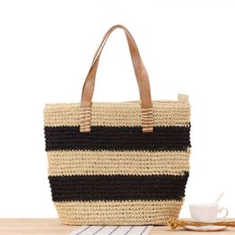 Shopping Bags Casual Striped Large Capacity Straw Paper Woven Women Shoulder Bali Holiday Purses Handmade Summer Beach Big Tote 220303