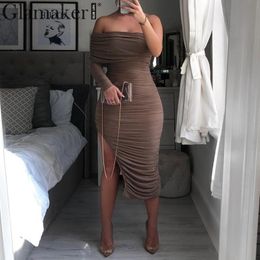 Glamaker Knitted off shoulder bodycon dress Women one shoulder long sleeve split elegant dress Female autumn winter sexy dress T200604