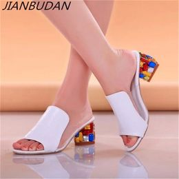 Rhinestone Peep Sexy Open Toe Shoes Wedge Non-slip Women's High Heel slippers Flip Flop Plus 41 Y200423