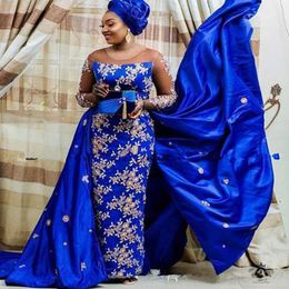 Royal blue Aso Ebi Evening Dress 2020 Nigeria Saudi Plus Size Prom Party Gowns Lace Appliques Detachabled Train Celebrity Dress