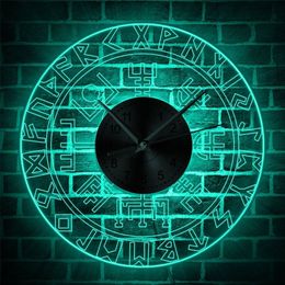 Vegvisir Viking Compass Vintage Design Illuminated Wall Clock Runic Compass Colour Changing Wall Light Viking Protection Symbol LJ201204