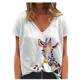 Women V Neck Giraffe Print White T Shirt Summer Short Sleeve Harajuku White T-shirt Girl 90s Tops Tees