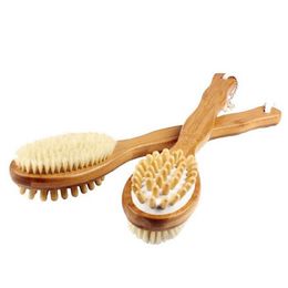 Double Sided Natural Bristles Brush Scrubber Long Handle Wooden SPA Shower Brush Bath Body Massage Brushes Back Easy Clean