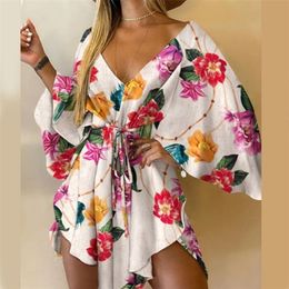 Fashion Leaf Leopard Printed Harajuku Dress Elegant Batwing Sleeve Lace-Up Party Dress Summer V-Neck Irregular Women Mini Dress 220311