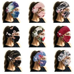 Cute Lady Girl Print Floral Camouflage Fashion Button Anti-stroke Soft Headband with Face Mask Set Yoga Sports Elastic Hair band