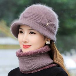 Women Winter Hat Keep Warm Cap Add Fur Lined & Scarf Set For Casual Outdoor Rabbit Knitted Bucket 211229