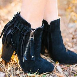 2020 Autumn Party Women Shorts Boots Pointed Toe Low Heel Side Zipper Fringe Retro Fashion Tassel Ankle Booties Women's Shoes1