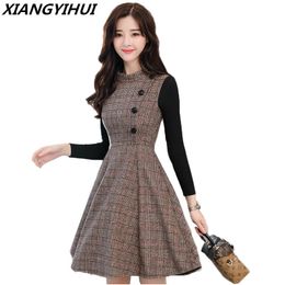 Autumn Winter Dress Women New Fashion Plaid Woollen Dress Stitching Slim Large size Long sleeves Women Office Dress 201125