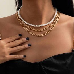 3Pcs/Set Retro Multi Layered Imitation Pearl Chain Choker Necklace Women Gothic Miami Curb Necklaces Collar Jewellery