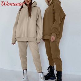 Fleece Women's Tracksuit Suit Hooded Jogger Pants Women Two Piece Set Oversized Autumn Winter Casual Lady Sportswear 211221