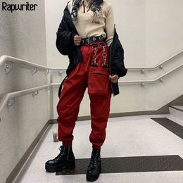 Rapwriter Casual Elastic High Waist Pants Joggers Women Punk Style Cargo Trousers With Pocket Girl Autumn Streetwear Pants Loose 201109