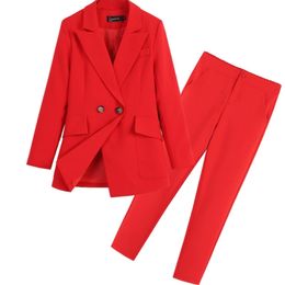 Casual high quality women's suits pants suit Autumn new slim red ladies red jacket small suit Female large size slim trousers 200923