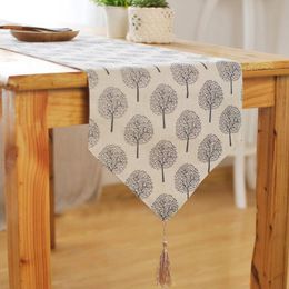 Hot sales New Modern Style Linen Cotton Table Runner Irregular Decoration Plant Printed Cloth Table Runners With Tassel