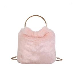 Waist Bags Women Faux Fur Fuzzy Shoulder Solid Color Bucket Bag Handbags Alloy Golden Chain Straps Crossbody Bags1