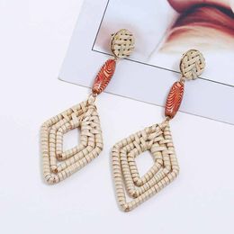 Geometric Mulitilayer Handmade Rattan Bohemian Earrings Women Long Pendant Ethnic Wood Earrings Jewelry Fashion Accessories