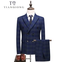 TIAN QIONG Mens Double Breasted Suit Slim Fit Blue Plaid Suit Men 5XL Plus Size Luxury Wedding Suits Business Formal Wear 201106