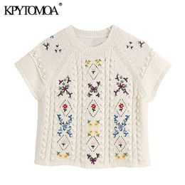 KPYTOMOA Women Fashion Floral Embroidery Cropped Knitted Sweater Vintage O Neck Short Sleeve Female Pullovers Chic Tops 201222