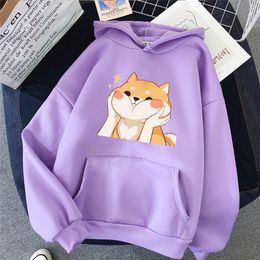 Harajuku Ulzzang Hoodie Lady Kawaii Cartoon Shiba Inu Sweatshirt Purple Autumn Long Sleeve Casual Women Streetwear Pullover Tops LJ201103