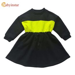 Babyinstar New Fluorescent Green Patchwork Plus Velvet Long Sleeve Baby Dresses For Girls Child Dress Kid Clothes For Girls LJ200923
