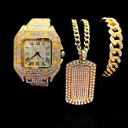 Wristwatches Watch Necklace Bracelet For Men 3pcs Luxury Iced Out Bling Cuban Chains Fashion Jewellery Square Pendant Mens Gold