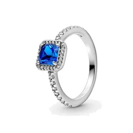 Fine Jewellery Authentic 925 Sterling Silver Ring Fit Pandora Charm Blue Square Sparkle Halo Engagement DIY Wedding Rings
