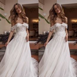 Beach A Line Wedding Dresses Newest Sexy Off Shoulder Appliqued Lace Bridal Gowns Boho Sweep Train Vestido De Novia With Belt