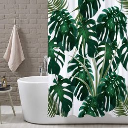 Green Leaves White Shower Curtain Tropical Jungle Bathroom Nature Waterproof Mildew Resistant Polyester Fabric For Bathtub Decor T200711