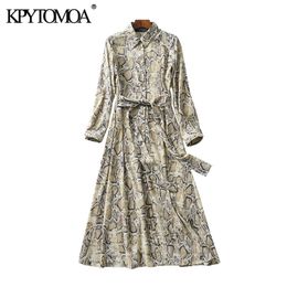 KPYTOMOA Women Chic Fashion Snake Print Bow Tie Sashes Maxi Shirt Dress Vintage Long Sleeve Animal Pattern Female Dresses Mujer LJ200818