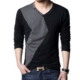 Mens T Shirts Autumn Fashion Streetwear Long Sleeve V Neck Colour Patchwork Cotton T Shirt