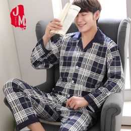 Men Pyjama Set 100% Cotton Spring Men Pyjama Suit Autumn Long Sleeve Plaid Pyjama Sleepwear Two Piece Nightwear L XL XXL XXXL LJ201113