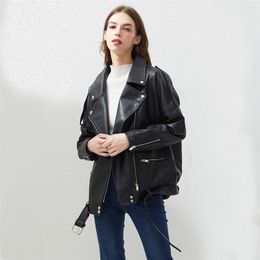 Fitaylor PU Faux Leather Jacket Women Loose Sashes Casual Biker Jackets Outwear Female Tops BF Style Black Leather Jacket Coat LJ201012