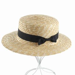 2019 Parent Child Summer Natural Straw Hat Bowknot Flat Top Sun Hats For Women Beach Panama Hat S,L Size G220301