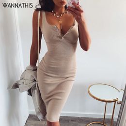 WannaThis Knee-Length Dress Knitted Elastic Sleeveless Bodycon elegant Women 2019 Summer Sexy V-Neck Button Party Slim Dresses Y0118