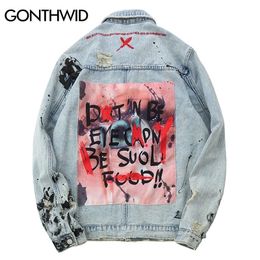 GONTHWID Mens Graffiti Denim Jackets Streetwear Hip Hop Casual Patchwork Ripped Distressed Punk Rock Jeans Coats Outwear 201124