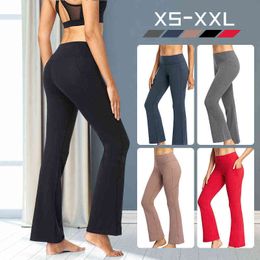 Women Bootcut Yoga Pants with Pockets High Waist Workout Tummy Control Dress Straight-Leg Loose Running Casual H1221