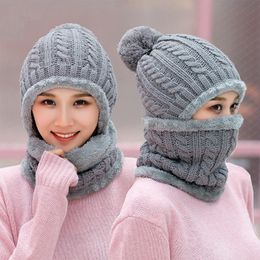 7 Colour Outdoor sports windproof hat Winter keep Warm plush hat collar two piece set Solid Colour thickened knitted hat Party Hats T9I00767