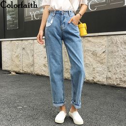 Colorfaith Women Jeans Denim Casual Vintage Korean Style Blue High Waist Pants for Ladies Grils Ankle Length Jeans J0956 201105