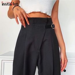 InstaHot Black Casual Straight Suit Pant Women High Waist Buckle Side Loose Summer Female Office Lady Elegant Trousers Pant 201119