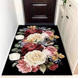 Europe Big Flower Black Carpet Classical For Living Room Hallway Carpet Entrance Door Long Rugs Kitchen Bathroom Mat 201225