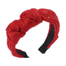 Double Knot Sequined Wool Hairbands Elegant Women Girls Hair Accessories Solid Color Winter Knitted Headwear Wide Bezel