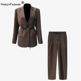 HarleyFashion Women Trendy Stylish High Street Pants Suit Vintage Blazer Loose Pants Solid Quality Stunning Twin Sets with Belt 200923