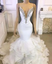 Arabic Dubai Mermaid Wedding Dresses 2022 Sweetheart Crystals Organza Ruffles Bridal Gowns Long Lace Up Back Robe De Mariée Vestidos Noiva