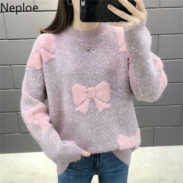 Neploe O Neck Autumn Winter Korean Loose Thicked Sweater Elegant Patchwork Bow Bottom Pullover Pull Femme Knit Jersey Mujer 201023